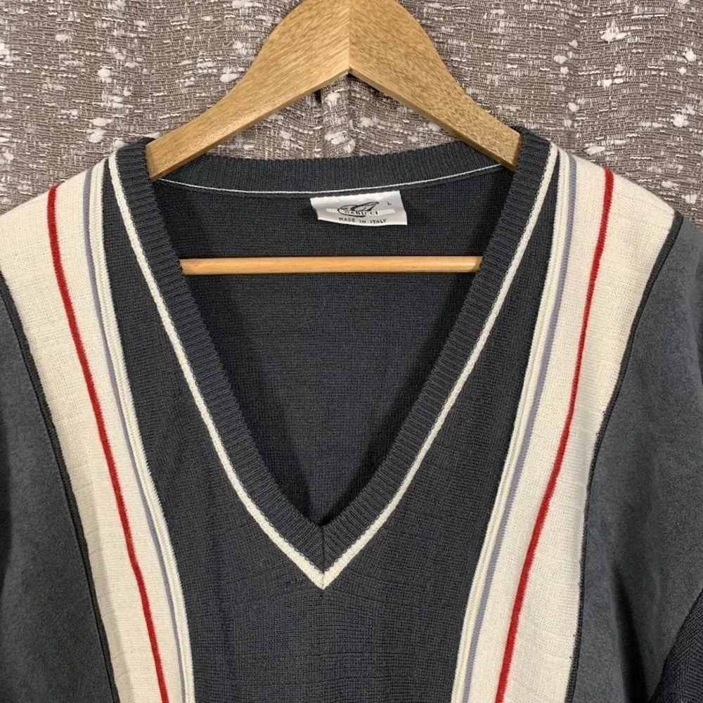 Vintage Gabicci Knit Striped Jumper‎ Sweater V-Neck Men's Large Wool Blend